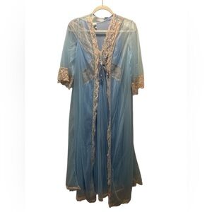 Vintage Movie Star Elegant Blue Lace Trim Gown & Rope Size M